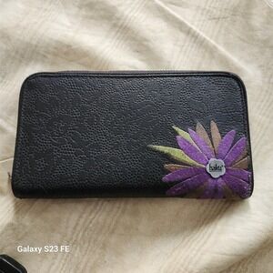 Haiku Zip Around Wallet Womens OS Black Floral Embroidered Organizer Boho Zip